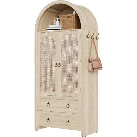 Armoire latérale vintage en style panier tressé avec arc décoratif, 2 tiroirs coulissants – Meuble de rangement pour salon ou chambre