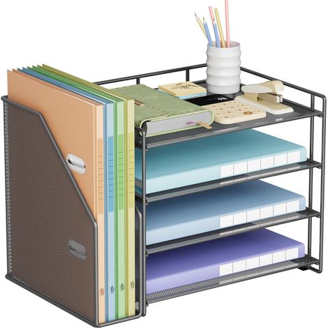 1 Organiseur de bureau, métal, 4 niveaux, porte-documents latéral, rangement magazines, maison école (1/4)