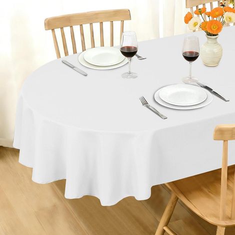 Nappe Ovale 140x220cm Blanc Lavable Imperméable Polyester Intérieur & Extérieur