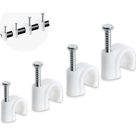 Lot de 400 Clips Cable, 4 Tailles (4 mm/6 mm/8 mm/10 mm), Fixation Câble Électrique Ronds Blancs, Attache Câble pour Câbles D'alimentation, USB, Câbles Ethernet (1/5)