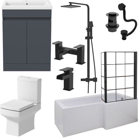 Aquari Complete Bathroom Suite Black RH Shower Bath Screen Vanity Basin Toilet 1700mm (1/5)