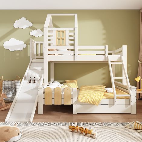 Lit superposé 90x200 & 140x200 cm, lit cabane avec tiroir, toboggan et échelle, avec sommier à lattes, design chalet, sécurité EN747-1:2024 (sans matelas)