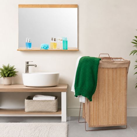Juego de articulos basicos de bano de bambu 2 piezas cesta de la ropa plegable y espejo de pared grande con estante 227000233 (1/5)