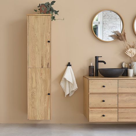 Berah Getah – Colonne de salle de bain en chêne massif – 150 cm de hauteur – 35 cm de largeur – 2 portes – 4 étagères amovibles – Finition naturelle (1/5)