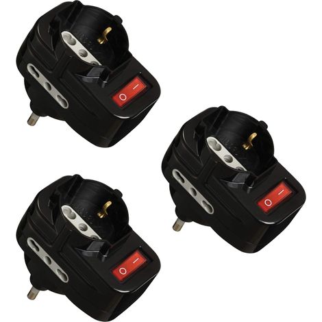 Electraline 92397 Confezione da 3 Adattatori Multipresa Tripla con Interruttore, Spina Rotante 16A, Nero