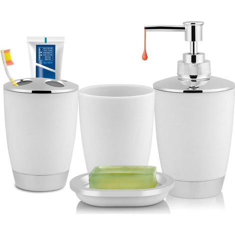 Ensemble d'accessoires de Salle de Bain, 4 pièces, Distributeur de Savon, Tasse de Lavage, Tasse de Brosse à Dents, Porte-Savon pour Salle (Blanc) (1/5)