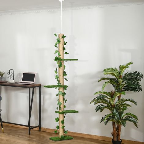 Katzenkratzbaum, 202–242 cm hoch, höhenverstellbarer Deckenkratzbaum, Kratzstange mit Spannmechanismus, Jute-Kratzbaum mit Blättern, Grün