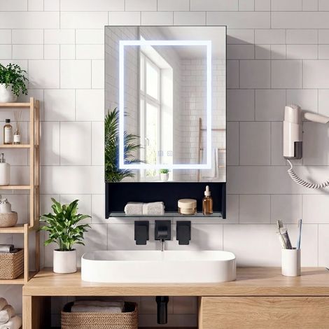 LED-Spiegelschrank 1 Tür 88x50 cm mit offenem Fach - Badezimmer-Spiegelschrank mit Anti-Beschlag, 3-stufiger Touch-Beleuchtung und verstellbaren Einlegeböden