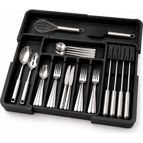 Relaxdays Cutlery Tray, Extendable, 6-9 Compartments, Knife Insert, 5 x 33-56.5 x 37-48.5 cm, Drawer Insert, Black (1/5)