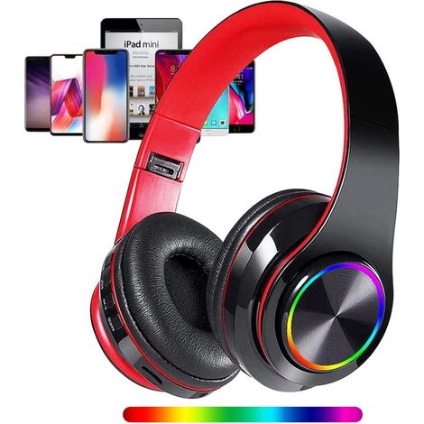 Casque Sans fil Bluetooth avec Lumières LED Colorées, Rouge (1/5)