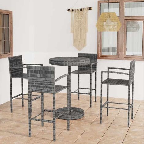 Ensemble de bar de jardin 5 pièces en résine tressée gris, table ronde et 4 tabourets - PANGIVO (1/5)