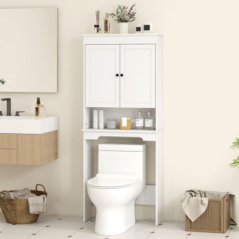 Meuble WC suspendu en bois blanc, 65x22x161 cm, avec 3 étagères fermées et 1 tablette ouverte (1/5)