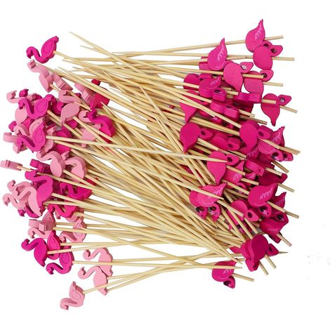 100 pièces Brochettes à cocktail, bâtonnets à cocktail, 12 cm, amuse-gueules, brochettes, cure-dents, flamant rose, bâtonnets à cocktail pour bar, carnaval, fête et anniversaire, brochette de fruits, (1/5)