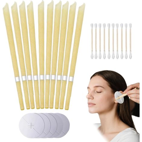 Bougie d’Oreille,10 Pièces Bougies Auriculaires en Cire d’Abeille Naturelle, Oreilles Nettoyer le cérumen,avec 5 Disques de Protection de 10 Pièces Cotons Tiges (1/5)