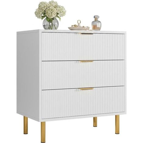 Commode Moderne 3 Tiroirs Blanc et Or, Pieds en Métal, 76 cm - Meuble de Rangement Chambre et Salon (1/5)