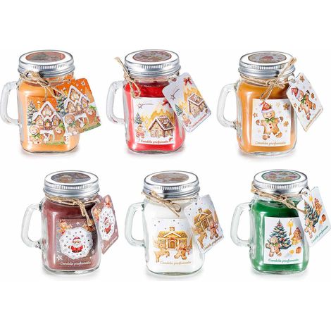 Candele profumate natalizie in barattolo di vetro a giara con manico e coperchio, set da 6 pezzi, cm 7 x 5 x 8,5 H