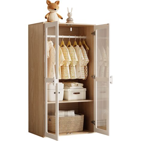 Armoire enfant 2 portes avec tringle et étagères réglables, poignées en bois, portes en acrylique, finition blanc laqué + MDF coloris naturel, 80×50×150 cm