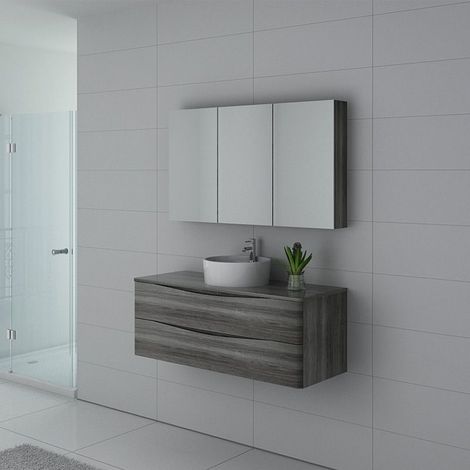 Distribain – Meuble sous vasque simple 120 cm – Chêne gris – 2 tiroirs – Armoire de toilette 3 portes miroirs – Vasque ronde en céramique blanche (1/4)