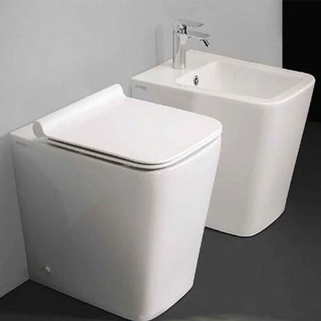 Coppia Sanitari a Terra WC+Sedile Soft Close + Bidet - FUJI ALTHEA - Ceramica - Colore Bianco - Squadrati - Risparmio Idrico (1/5)