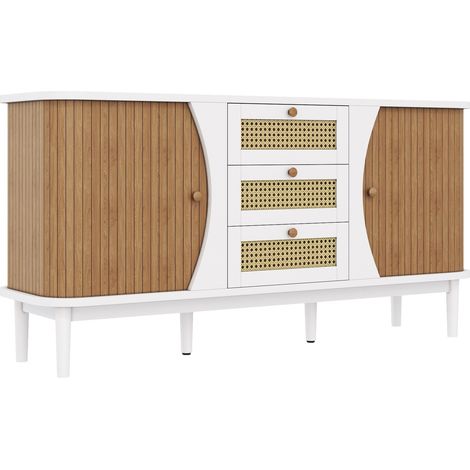 Credenza bianca e legno con 3 cassetti in rattan, ripiani regolabili, 140,5 cm (1/5)