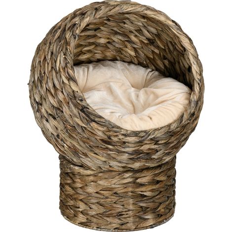 Cueva para gatos de mimbre de jacinto de agua con cojín 40 x 37 x 51 cm HOMVRA (1/5)