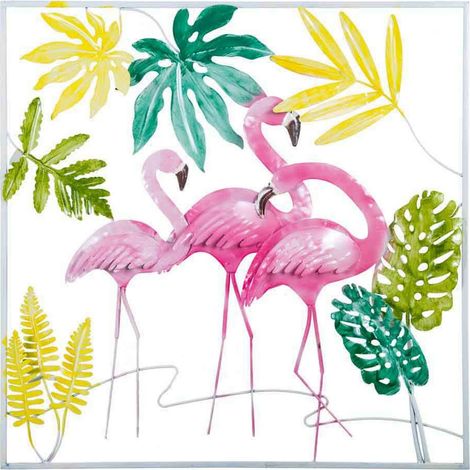 Décoration murale métal flamant rose ambiance tropicale - Flamant rose et feuillage tropical coloré (1/4)
