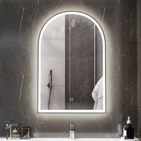 90 x 60 cm LED-Badezimmerspiegel, Wandmontage, 3 Farben, gebogener Aluminiumrahmen, beschlagfrei und mit Touch-Taste (1/5)