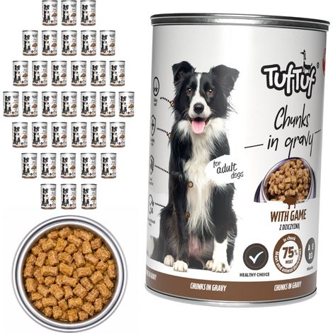 Comida húmeda para perros TufTuf sabor venado, lata de 36 x 415 g, trozos en salsa. (1/3)