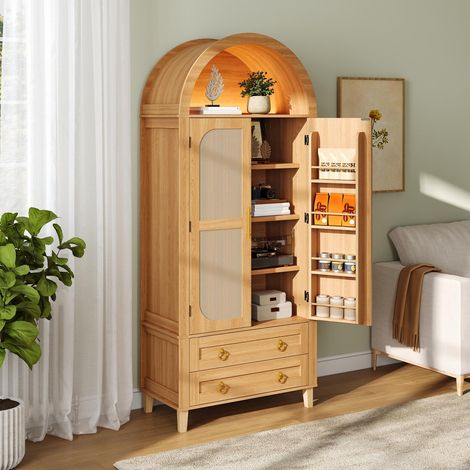 Colonne de cuisine, buffet haut de salon 180 cm avec LED, 2 portes décor rotin et 2 tiroirs, niche arche, design vintage, couleur chêne (1/5)