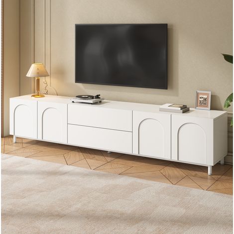 Mueble para TV de 180x40x48 cm con cuatro puertas y dos cajones, almacenamiento organizado, tablero de partículas y MDF blanco. (1/5)