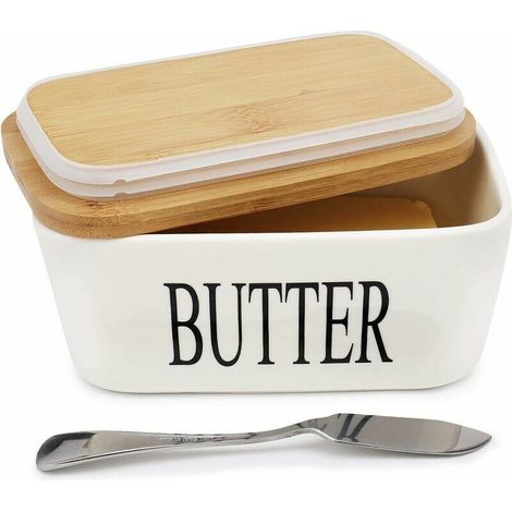 royaluxe - Beurrier - Beurrier en porcelaine avec couvercle en bois et petit couteau Boîte à fromage à conserver au réfrigérateur de la cuisine 250 g couleur blanc (1/5)