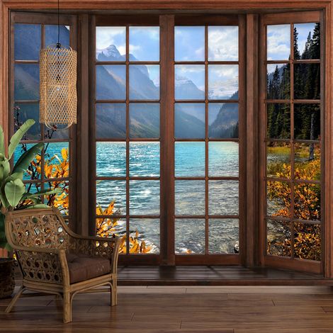 Papier peint panoramique Trompe l'oeil Fenêtre en bois - Lac Montagnes - 130 cm x 104 cm (1/5)
