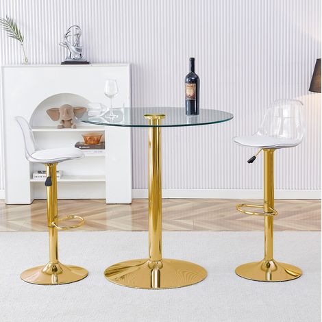 Set 1 Bartisch und 2 Barhocker, Drehbare und Höhenverstellbare Sitze, Glas Metall Kunststoff Transparent Gold (1/5)