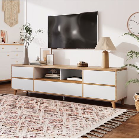 Meuble TV 175x37x51 cm blanc et bois en MDF avec rangement et pieds en bois (1/5)