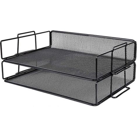 Lot de 2 plateaux à courrier empilables / Trieur de documents / Organiseur de bureau - Support métallique - Bureau, école, maison - Noir (1/3)