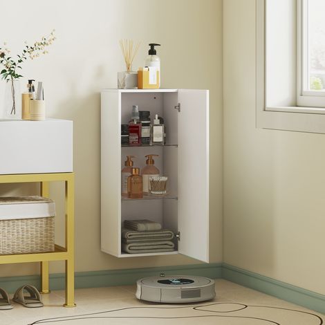 Meuble vasque suspendu blanc laqué, étagères en verre ajustables, porte sans poignée, 2 étages de rangement pour salle de bain. (1/5)