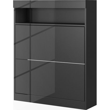 16 Shoe Pair Storage Cabinet, Flip Doors - High Gloss Black (1/5)
