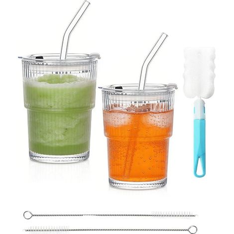 Geriffelte Glasbecher 2er Set 450ml mit Deckel & Strohhalm, für Smoothie, Eiskaffee
