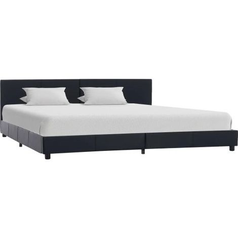 Lit adulte simili cuir noir et pieds bois massif noir Nyam 180x200 cm (1/5)