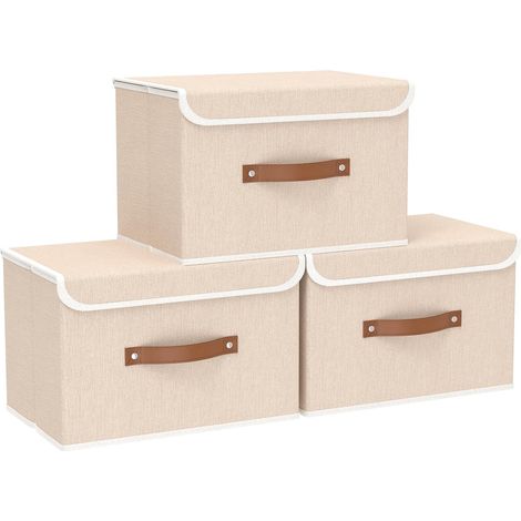 Lot de 3 Boîte de rangement, Pliable, Tissu, Couvercle, Poignées renforcées, Panneaux PP, Pour vêtements, Serviettes