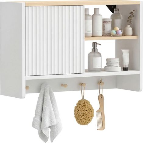 Badezimmer-Wandschrank, Badezimmer-Aufbewahrungseinheit mit Tür, offenen Regalen und 5 Haken (1/5)
