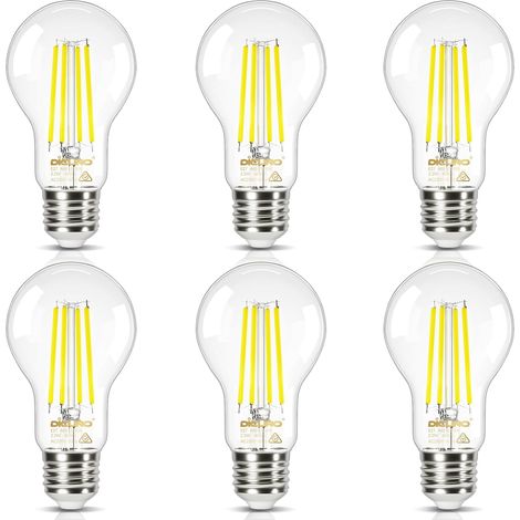 E27 LED Light Bulb, Class A, 2.2W=40W, 2700K, Pack of 6 Warm White, 465lm, Clear Glass, E27 Vintage Edison Filament, LED Low Consumption, 360° Angle, Non-Dimmable (1/5)