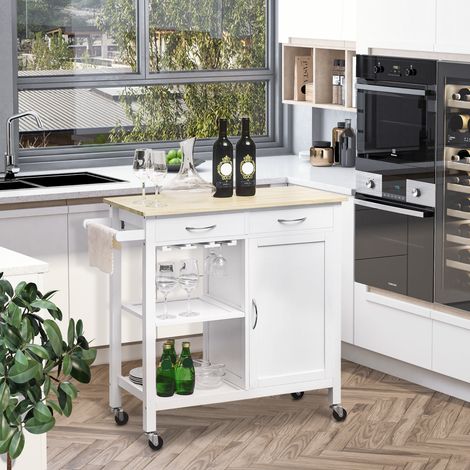 Carrito de cocina clásico con 2 cajones y ruedas, isla de cocina de madera con armario de 2 puertas que ahorra espacio, 89x40x84cm, blanco (1/5)