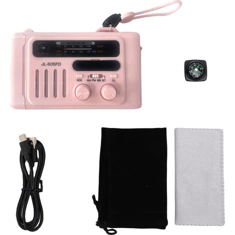 Radio d'urgence solaire et manivelle avec Bluetooth, lampe LED et chargeur USB-C, batterie 8000 mAh, design compact et robuste en ABS, couleur rose élégant pour camping et maison (1/5)