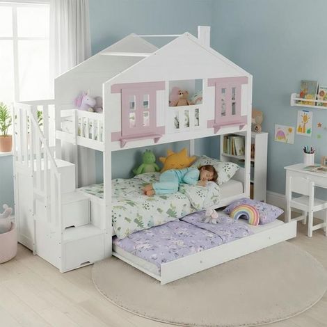 Lit superposé enfant - KOMHTOM - 90x200 cm - lit gigogne - escalier avec 3 tiroirs - toit cabane (1/5)