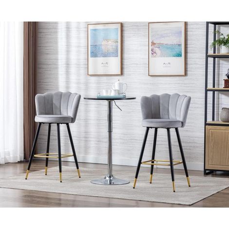 Barhocker 2er Set Samt Grau mit Muschel-Rückenlehne und Metallbeinen (1/5)