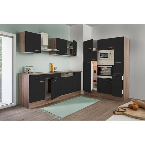 Respekta – Cuisine complète kitchenette bloc vide 370 cm – Chêne York imitation – Façade noire satinée – Poignées en métal inox (1/4)