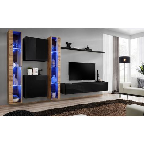 Ensemble mural - Switch XVI - 2 vitrines LED - 2 vitrines carrées - 1 banc TV - 1 étagère - Bois et noir - Modèle 1 - Livraison gratuite