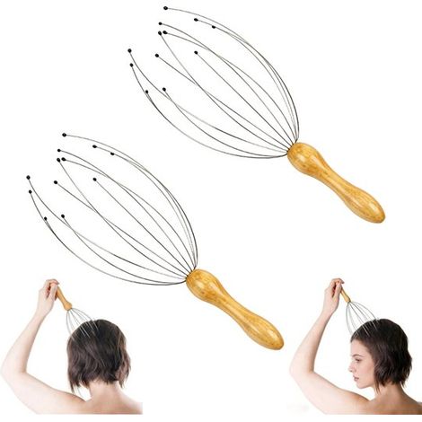 Lot de 2 araignées de massage pour la tête - griffes de massage - masseur manuel - 24 griffes - manche en bois - 25 cm - pour se gratter la tête et favoriser une relaxation profonde - portable et lége (1/5)