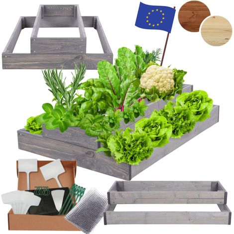 MODO24 ZP09 Carré potager surélevé en escalier modulable, bois de pin, herbes/légumes, jardin/terrasse/balcon, 18x60x60 cm, gris